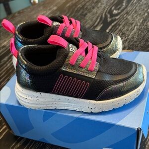 Hey Dude Black Sneakers with Hot Pink Laces and Iridescent Trim